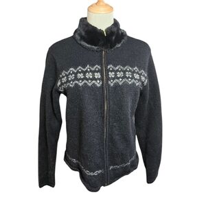 Karen Scott Black Wool Faux Fur Collar Zip Up Knit Cardigan Sweater